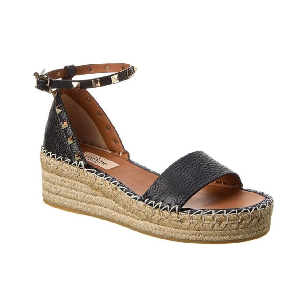 Valentino Rockstud 55 Grainy Leather Platform Sandal, Black